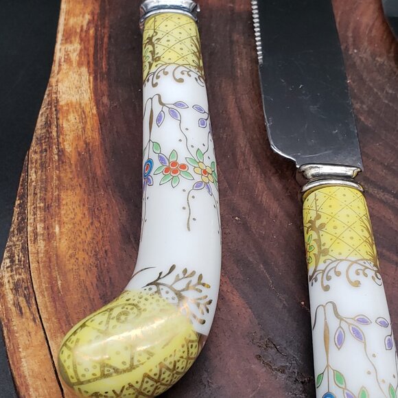 Vintage Sheffield England 4 Pc Serving Utensil Set Porcelain Handles Floral Gold - Picture 10 of 12